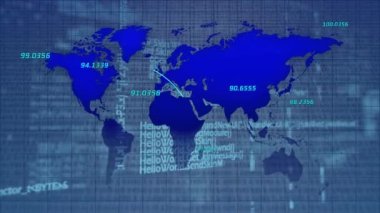 Animation of digital interface and world map over blue background. Global science, connections, data processing and digital interface concept digitally generated video.