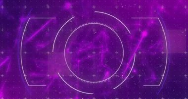 Animation of scope scanning and network of connections on purple background. Global business, computing and digital interface concept digitally generated video.