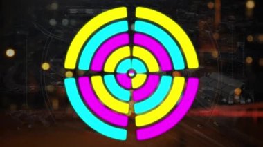 Bulanık gece manzarasında hareket eden renkli dairelerin animasyonu. Renk, şekil, hareket, parti ve şehir hayatı konsepti dijital olarak oluşturulmuş video.