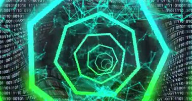 Siyah arkaplanda veri işleme üzerine neon şekillerin animasyonu. Küresel iş, bilgisayar ve dijital arayüz kavramı dijital olarak oluşturulmuş video.