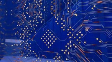 Animation of blue integrated circuit over servers. Network, computers and technology concept digitally generated video.