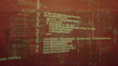 Turuncu arka plan, DNA ve şehir manzarası üzerinde veri işleme animasyonu. Bilim, biyoloji, insan anatomisi ve teknoloji konsepti dijital olarak üretilen video.