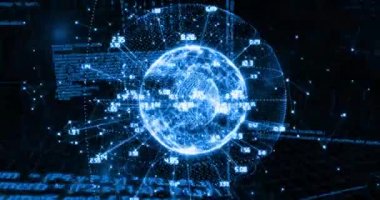 Dönen dünya üzerinde dijital bağlantılar ve veri işleme ağının animasyonu. Küresel bağlantılar, dijital dünya ve dijital arayüz konsepti dijital olarak oluşturulmuş video.