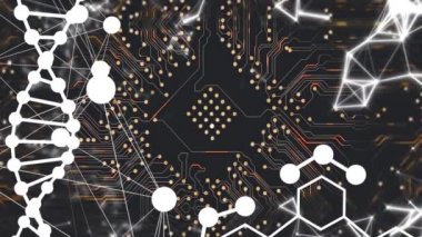 DNA iplikçiklerinin ve kimyasal formülün animasyonu siyah arka plandaki bilgisayar devre kartının üzerinde. Küresel teknoloji, bilgisayar ve dijital arayüz kavramı dijital olarak oluşturulmuş video.
