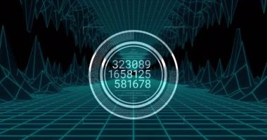 Kapsamlı tarama ve kara arkaplanda veri işleme animasyonu. Küresel iş, bilgisayar ve dijital arayüz kavramı dijital olarak oluşturulmuş video.