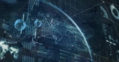 Animation of globe and network of connections with icons over blue background. Global business digital interface technology and networking concept digitally generated video.