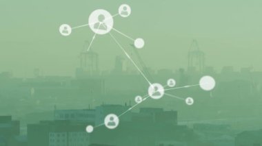 Animation of network of connections over cityscape. Global business, computing and digital interface concept digitally generated video.