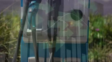 Animation of data processing over ev charging station. Ev charging station for electric car, green energy, eco power, sustainability and co2 reduction.