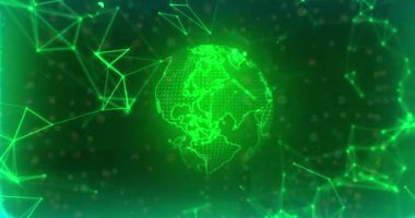 Dönen dünya üzerindeki dijital bağlantı ağının animasyonu. Küresel bağlantılar, dijital dünya ve dijital arayüz konsepti dijital olarak oluşturulmuş video.