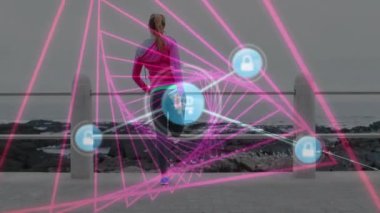 Çift ırklı kadınların egzersiz yapması üzerine ikonlarla olan bağlantıların animasyonu. Dijital olarak oluşturulmuş küresel bağlantılar, veri işleme ve dijital arayüz kavramı.