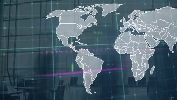Animacja Komórek Wideokonferencyjnych Przetwarzanie Danych Mapie Świata Globalne Połączenia Sieci — Wideo stockowe