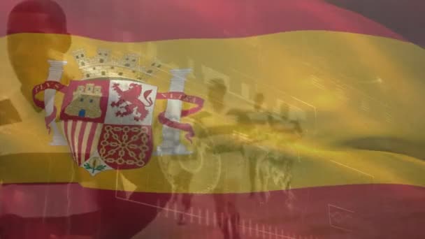 Animacja Falującej Hiszpańskiej Flagi Nad Rugby Graczy Globalne Sporty Interfejs — Wideo stockowe