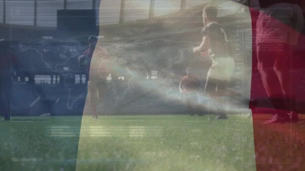 Animación Ondear Bandera Francia Sobre Jugadores Rugby Deportes Globales Interfaz — Vídeo de stock