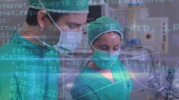 Animation Der Datenverarbeitung Über Kaukasische Chirurgen Während Der Operation Globale — Stockvideo
