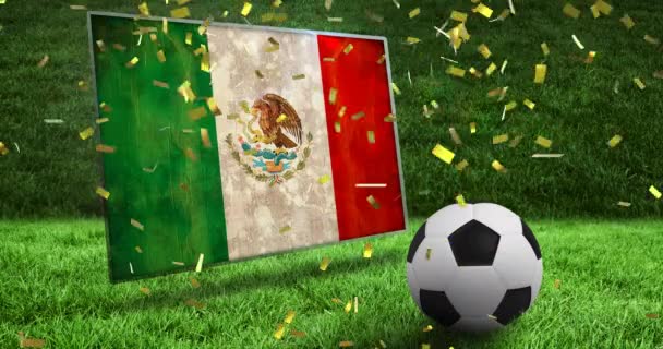 Анімація Падіння Золотого Конфеті Футбольного Яча Над Прапором Мексики Концепція — стокове відео