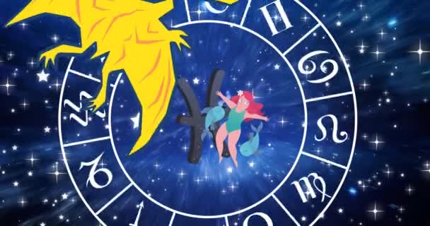 Animation Yellow Dragon Aquarius Star Sign Zodiac Wheel Spinning Stars — 图库视频影像
