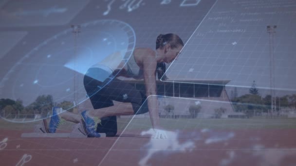 Animation Data Digital Screen Caucasian Woman Preparing Run Stadium Sport — Wideo stockowe