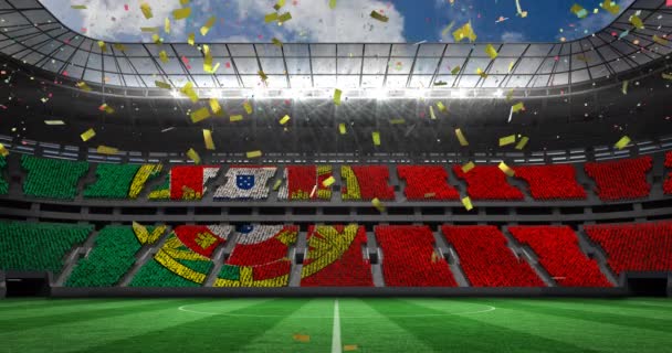 Animacja Spadającego Złotego Konfetti Nad Stadionem Piłkarskim World Cup Soccer — Wideo stockowe