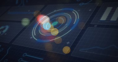 İşlem çemberi ve karanlık uzay üzerindeki bulanık trafik ışıkları görüntüsü. Veri işleme, dijital ekran, ağ güvenliği ve teknoloji konsepti dijital olarak oluşturulmuş görüntü.