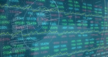 Mavi arkaplanda veri işleme resmi. küresel iş ve dijital arayüz kavramı dijital olarak oluşturulmuş görüntü.