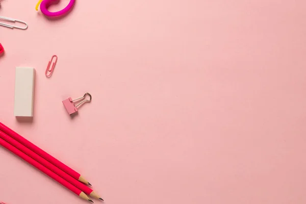 Composition Pink Red School Equipment Pale Pink Surface Copy Space — Stockfoto