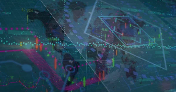 Mavi arkaplanda veri işleme resmi. küresel iş ve dijital arayüz kavramı dijital olarak oluşturulmuş görüntü.