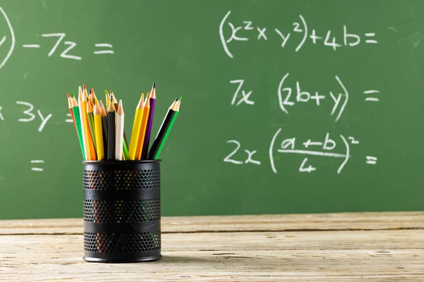 Image Cup Crayons Mathematical Formulas Black Board Education Learning Creativity — Stockfoto