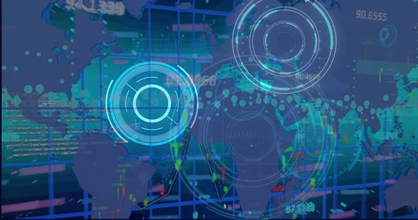 Dünya haritası, çember işleme ve donanma arkaplanındaki veriler. Küresel veri işleme, finans ve teknoloji konsepti dijital olarak oluşturuldu.