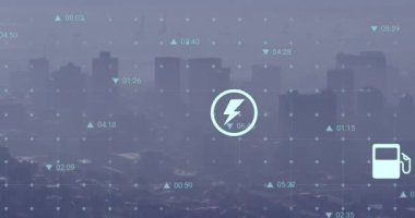 Şehir manzarası üzerindeki simgelerle veri işleme animasyonu. Küresel iş, bilgisayar ve dijital arayüz kavramı dijital olarak oluşturulmuş video.