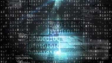 Siyah arkaplanda veri işleme animasyonu. Küresel iş, bilgisayar ve dijital arayüz kavramı dijital olarak oluşturulmuş video.