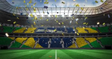 Stadyumdaki konfeti üzerine Brezilya bayrağı animasyonu. Küresel spor, vatanseverlik ve dijital arayüz kavramı dijital olarak üretilen video.