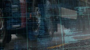 Veri işleme animasyonu off road car üzerinde dijital ekranda. Bilgisayarlar, veri işleme, ulaşım ve teknoloji konsepti dijital olarak oluşturulmuş video.