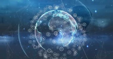 Kafkasyalı doktor üzerinde dijital arayüz ve dünyanın animasyonu. Küresel tıp, teknoloji, veri işleme ve dijital arayüz kavramı dijital olarak oluşturulmuş video.