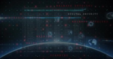 Yeryüzü üzerinde yanıp sönen noktaların ve işaretlerin animasyonu. Veri işleme bilimi ve dijital arayüz kavramı dijital olarak oluşturulmuş video.