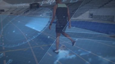 Animation of processing circle over biracial man preparing for run at stadium. Sport, training, active lifestyle and technology concept digitally generated video.