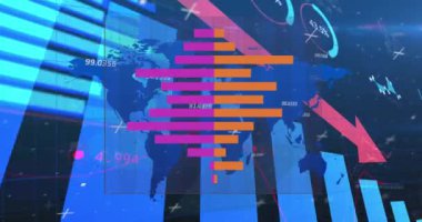 Evlerin ve kış manzaralarının simgelerinin etrafında dönmenin animasyonu. Küresel iş dijital arayüzü teknolojisi ve dijital olarak oluşturulan ağ konsepti.