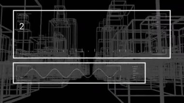 Siyah arka planda veri işleme ve dijital şehir manzarasının animasyonu. Küresel iş, bilgisayar ve dijital arayüz kavramı dijital olarak oluşturulmuş video.