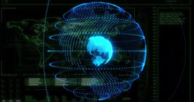 Dünya haritası ve dönen dünya üzerinde bağlantılar ve veri işleme ağının animasyonu. Küresel bağlantılar, dijital dünya ve dijital arayüz konsepti dijital olarak oluşturulmuş video.