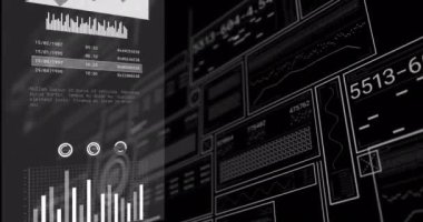 Siyah arkaplanda veri işleme animasyonu. Küresel iş, bilgisayar ve dijital arayüz kavramı dijital olarak oluşturulmuş video.