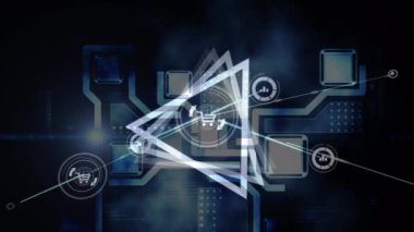 Geometrik şekiller ve veri bilimi üzerinden bağlantı ağının animasyonu. Küresel bilim, bağlantılar, veri işleme ve dijital arayüz kavramı dijital olarak oluşturulmuş video.