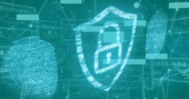 Mavi arka planda dijital veri işleme ve güvenlik kilidinin animasyonu. Dijital olarak oluşturulmuş küresel bağlantılar, teknoloji ve dijital arayüz kavramı.