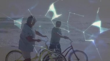 Kumsalda bisiklete binen farklı çiftler üzerinden bağlantı ağının ve dünyanın animasyonu. Dijital olarak oluşturulmuş küresel bağlantılar, bilgisayar ve dijital arayüz kavramı.