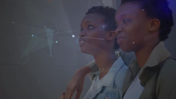 Animação Conexões Sobre Mulheres Gêmeas Americanas Africanas Felizes Andando Abraçando — Vídeo de Stock