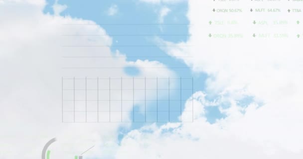 Анимация Обработки Финансовых Данных Над Облаками Голубом Небе Глобальная Окружающая — стоковое видео