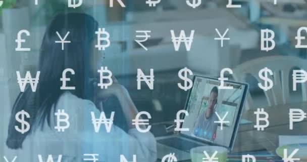 Animation Currency Symbols Biracial Woman Having Video Call Laptop Business — Vídeos de Stock