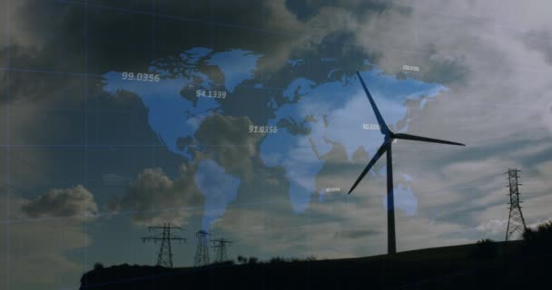 Анимация Американского Флага Глобуса Над Ветряной Турбиной Небом Облаками Глобальные — стоковое видео