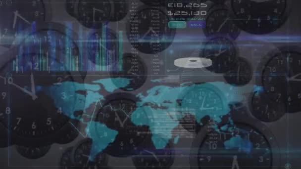 Animation Data Processing World Map Moving Clocks Global Technology Computing — Stockvideo