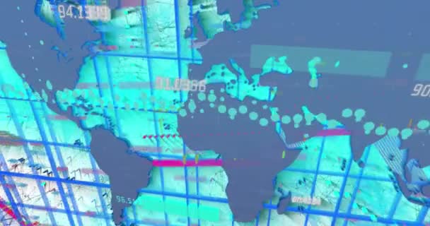 Animace Grafu Zpracování Dat Mapě Světa Modrém Pozadí Globální Komunikace — Stock video