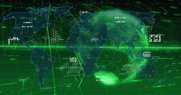 Afbeelding Van Iconen Data Globe Wereldkaart Groene Achtergrond Netwerk Gegevensverwerkings — Stockfoto