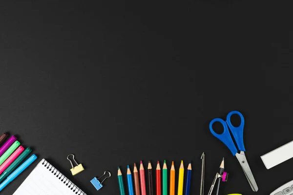 Composition Colorful Crayons School Items Black Surface Copy Space School — Foto de Stock